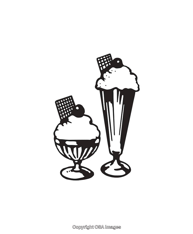 Black and White Line Art of Ice Cream Desserts in Cups and Glasses