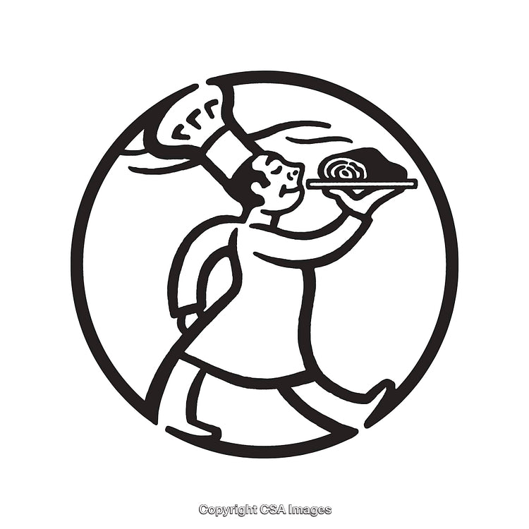Chef Carrying a Dish in Black and White Line Art Illustration