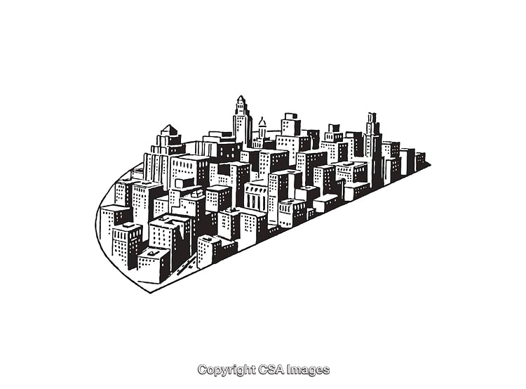 Black and White Line Art Illustration of a Cityscape