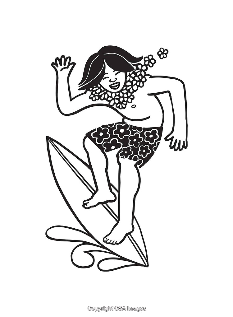 Stylized Black and White Line Art of a Surfer Riding a Wave