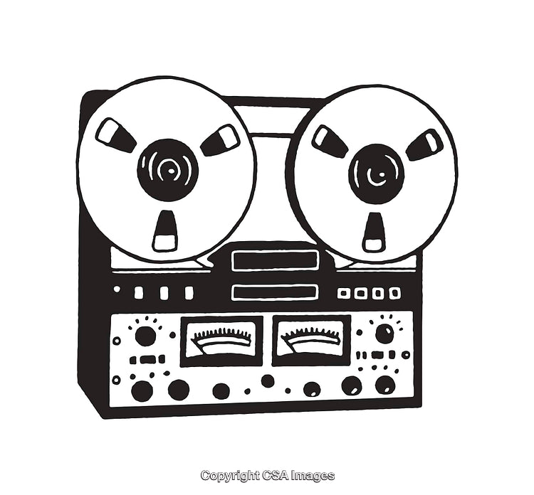 Black and White Line Art of a Vintage Reel-to-Reel Tape Recorder