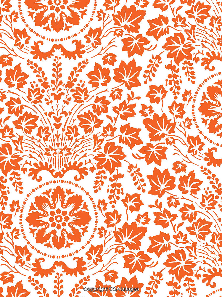 Vibrant Orange Floral Pattern With Decorative Botanical Embellishments on White Background