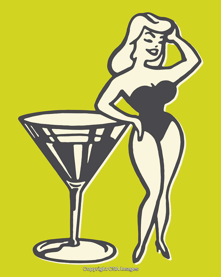Retro Style Illustration of Woman Posed with Oversized Martini Glass