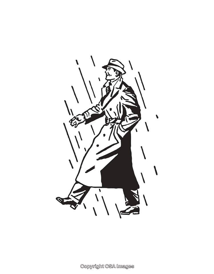 Vintage Line Art of a Man Walking in the Rain