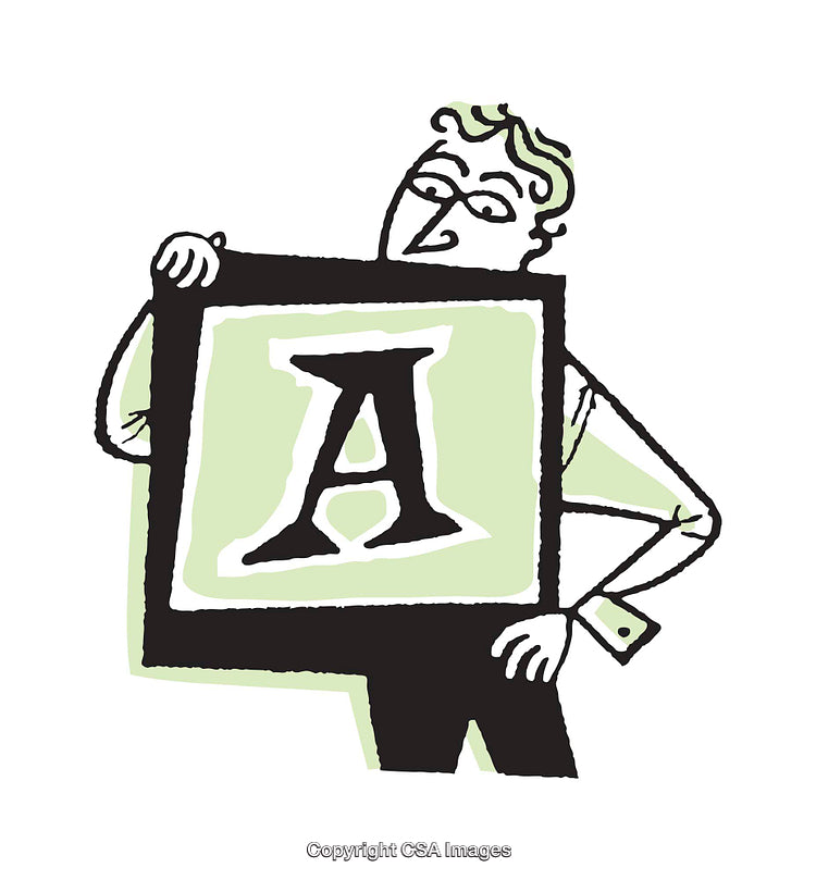Whimsical Illustration of Person Holding Frame Displaying Letter A on Green Background