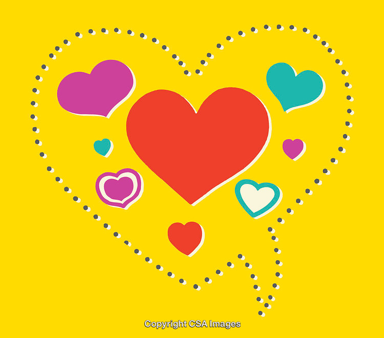 Colorful Heart Illustrations with Dotted Accents on Yellow Background
