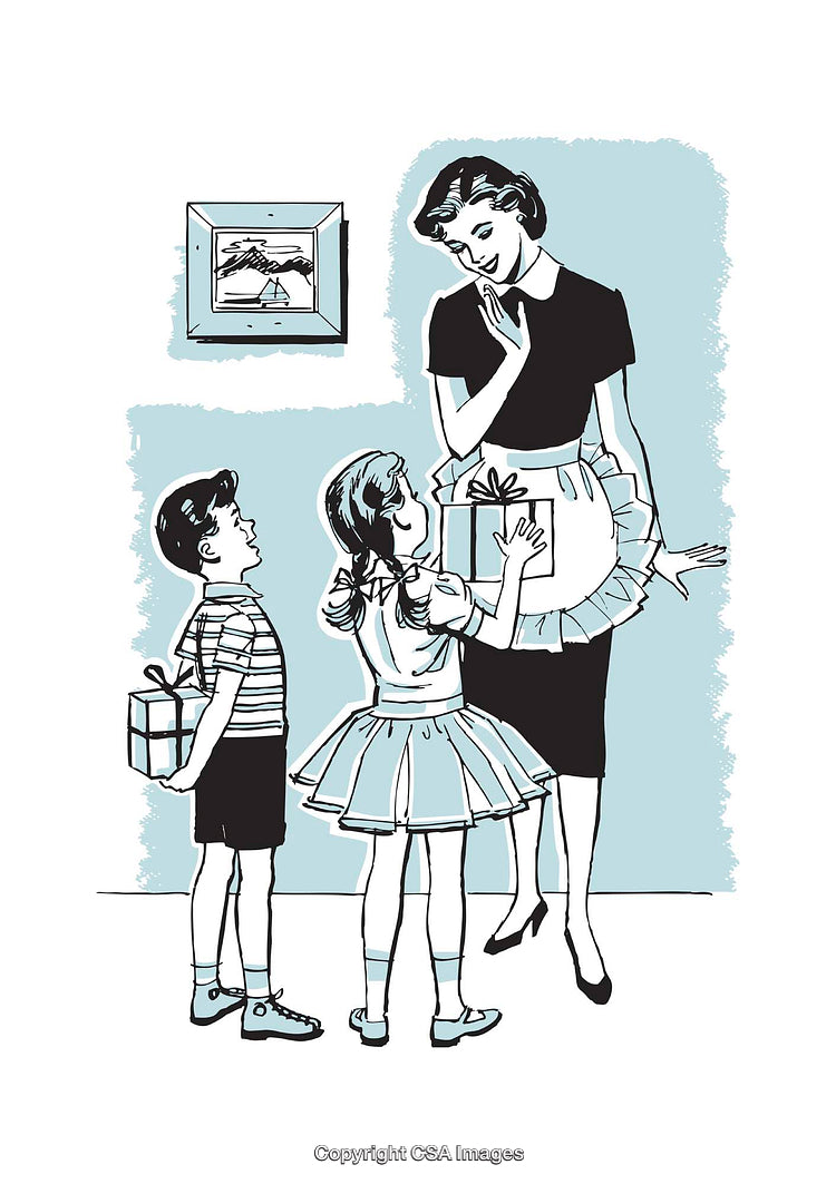 Vintage Illustration of Children Gifting Presents to a Smiling Mother