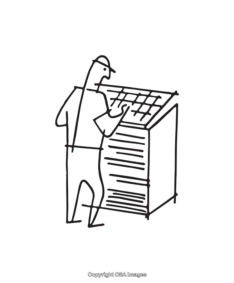 Black and White Line Art of a Worker Operating an Equipment Panel