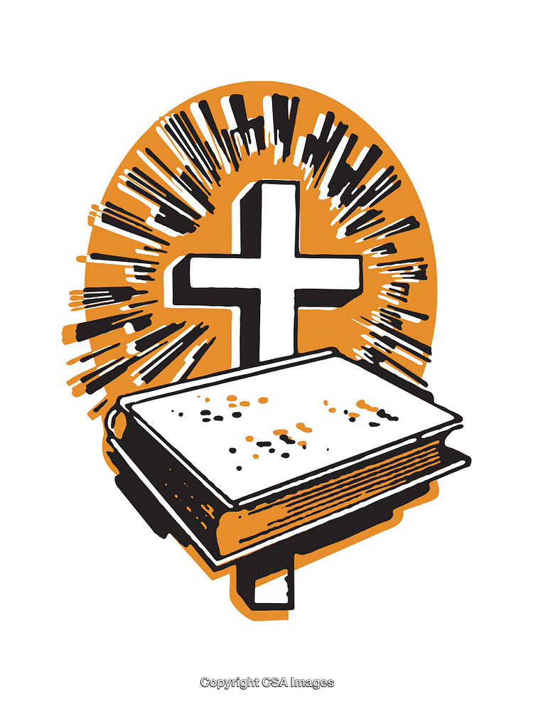 Vibrant Religious Illustration Featuring a Cross with an Illustrated Bible