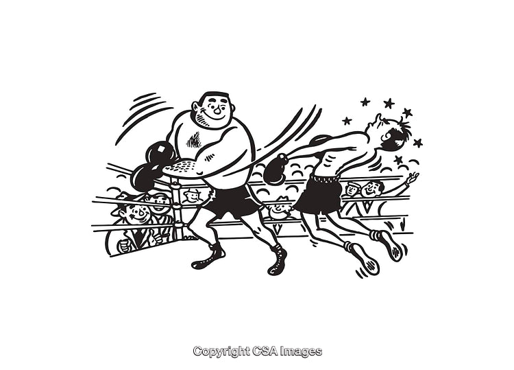 Black and White Line Art Illustration of a Boxing Match in Action