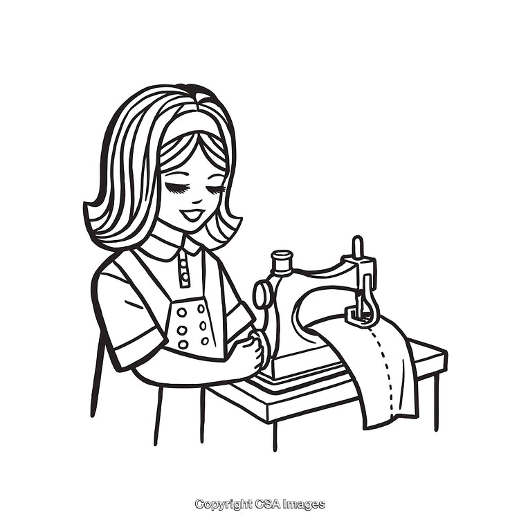 Illustration of a Girl Sewing on a Sewing Machine in Black and White