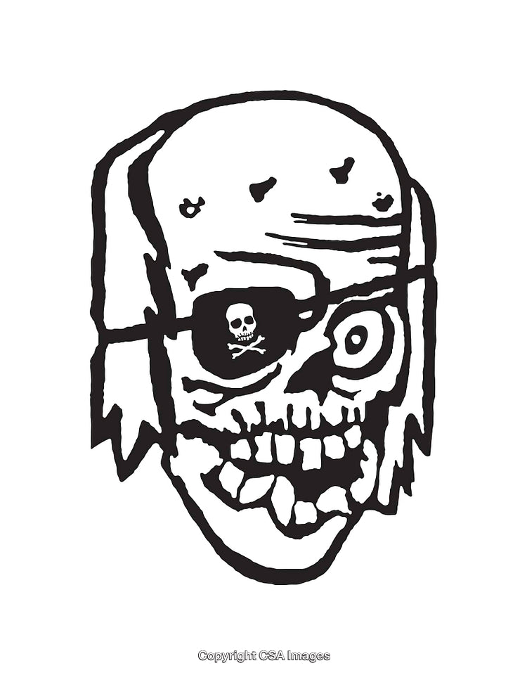 Black and White Skull Illustration with Pirate and Zombie Elements