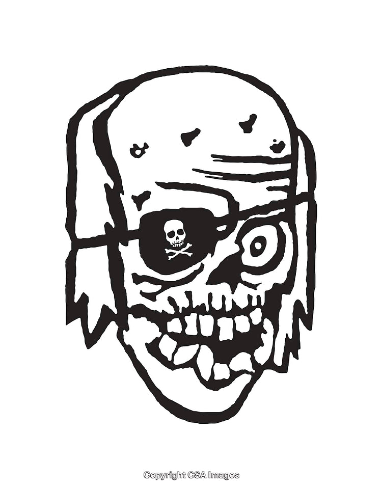 Black and White Skull Illustration with Pirate and Zombie Elements