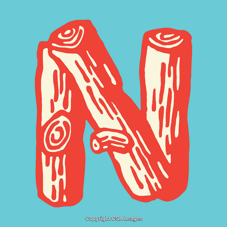 Letter N Illustration with a Rustic Wood Log Design on Blue Background