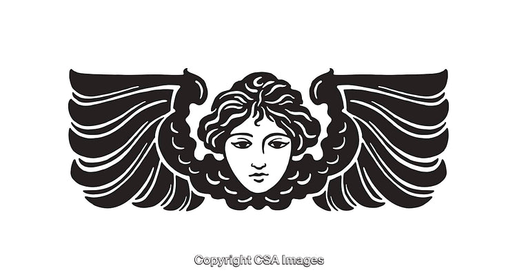 Elegant Black and White Line Art Illustration of a Winged Mythical Figure