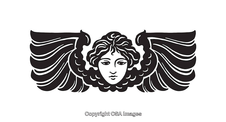 Elegant Black and White Line Art Illustration of a Winged Mythical Figure