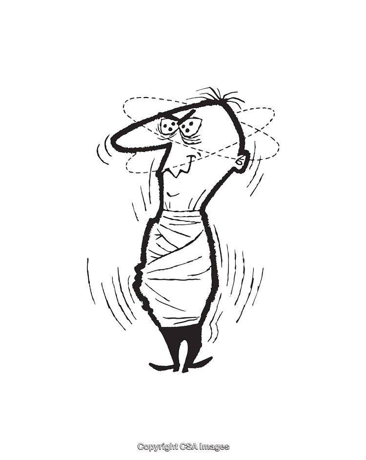 Comical Line Drawing of a Dizzy Wrapped Figure in Motion