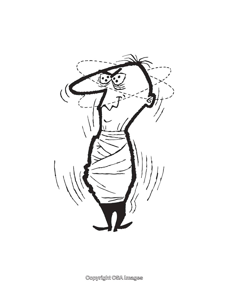 Comical Line Drawing of a Dizzy Wrapped Figure in Motion