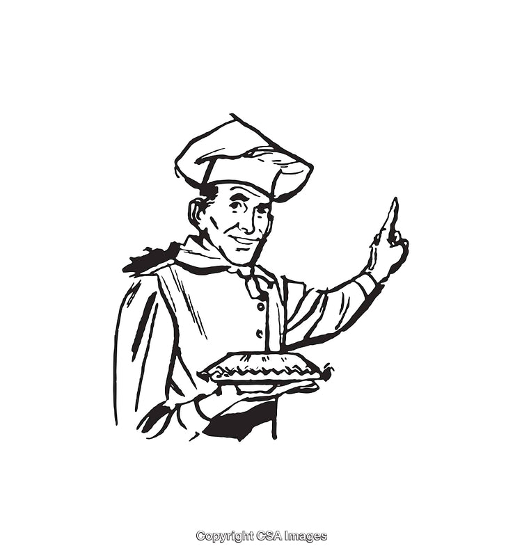 Black and White Illustration of a Chef Holding a Pie and Pointing Upwards