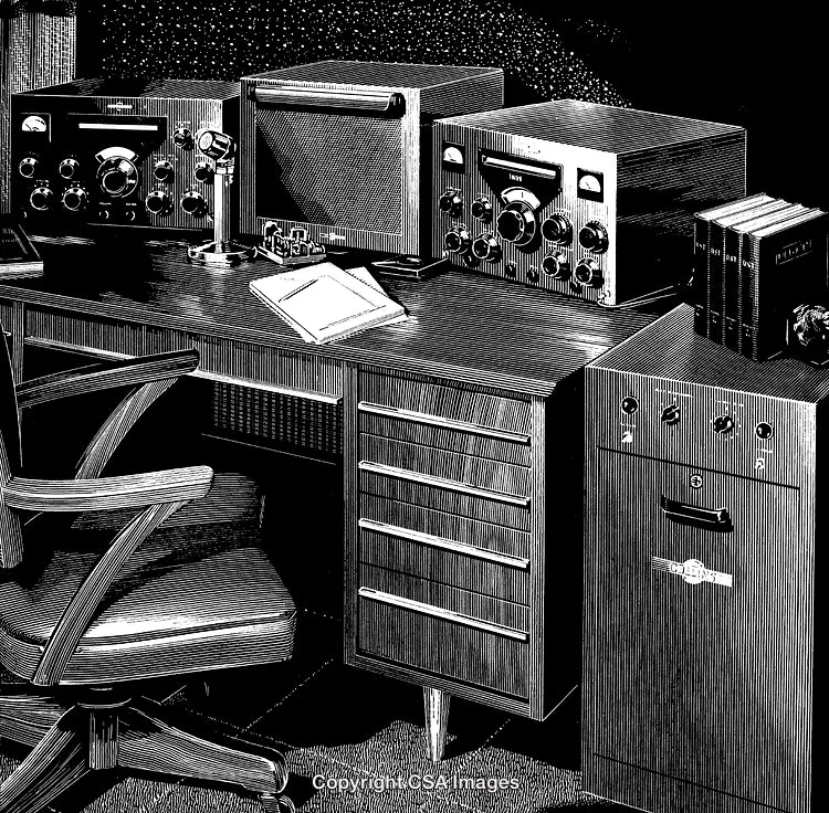 Vintage Engraving of a Retro Radio Equipment Work Desk Setup
