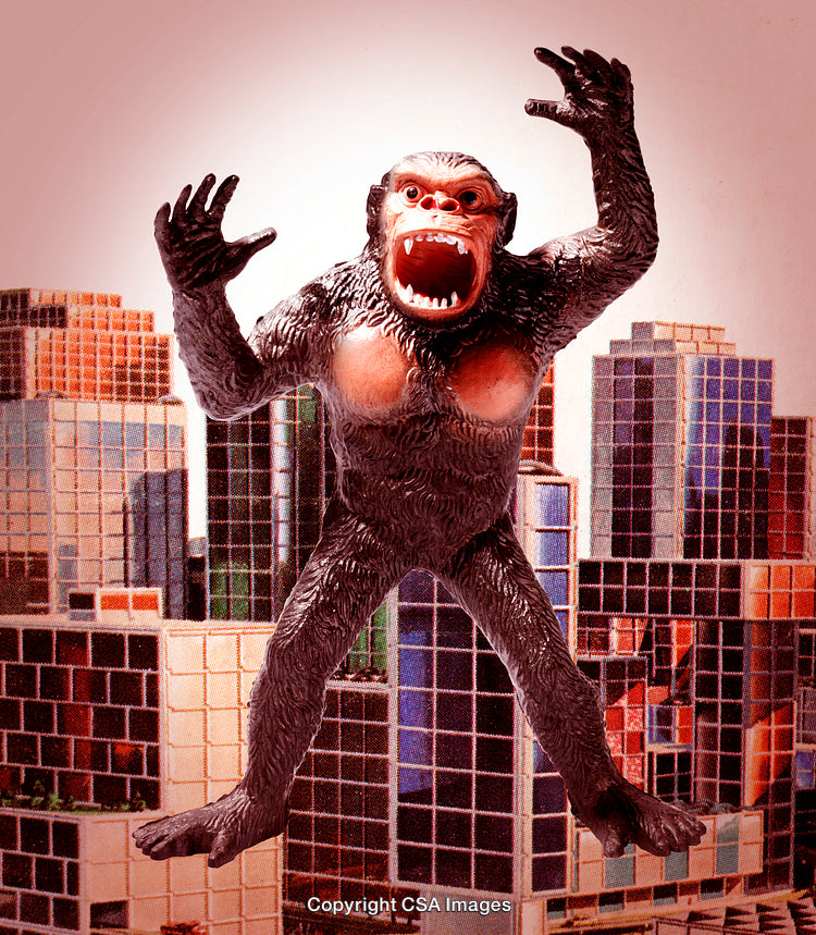Giant Monster Figure Posing Against a Backdrop of City Buildings