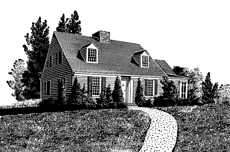 Charming Black and White Engraving of a Country Style House and Garden