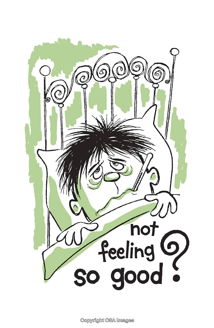 Illustration of a Sick Individual Resting in Bed with a Thermometer