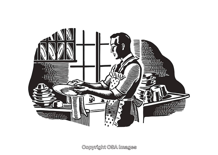 Vintage Black and White Illustration of a Man Washing Dishes in Kitchen