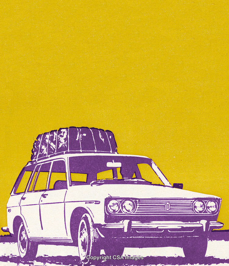 Retro Illustration of a Car with Luggage on Yellow Background