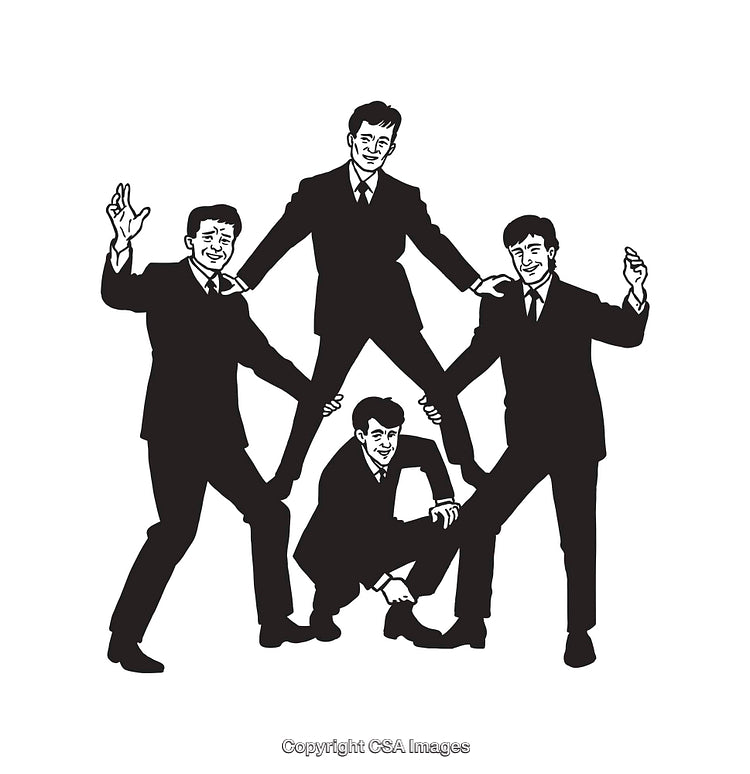 Black and White Line Art of Group of Men in a Pyramid Formation