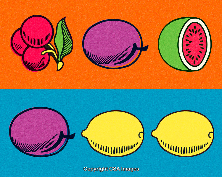 Vibrant Pop Art Style Illustration of Various Fruits on Colorful Backgrounds