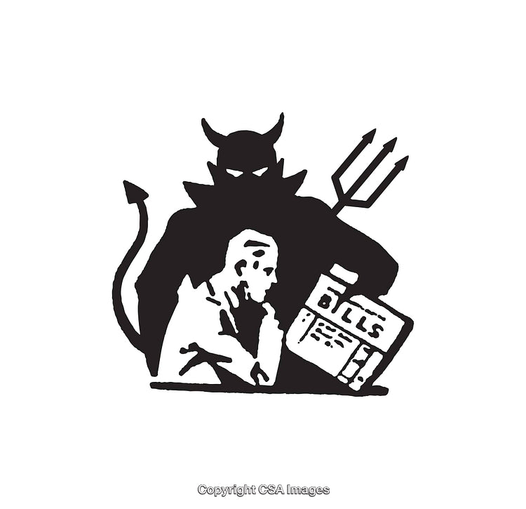 Monochrome Illustration of Debt Concept with Devil and Worried Individual