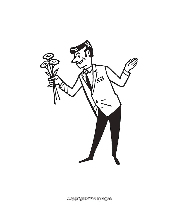 Retro Line Art of a Man Holding Flowers in Black and White