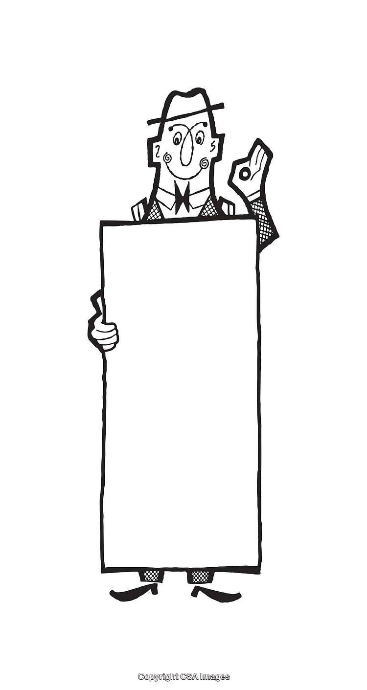 Vintage Styled Black and White Man Illustration with a Blank Sign