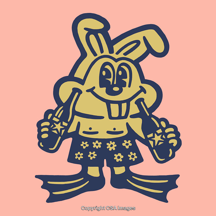 Illustration of a Bunny in Beach Attire Holding Bottles on a Soft Background