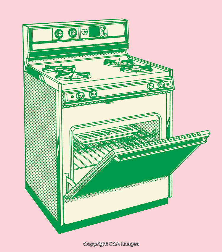 Retro Green Stove Illustration on Pink Background with Open Door