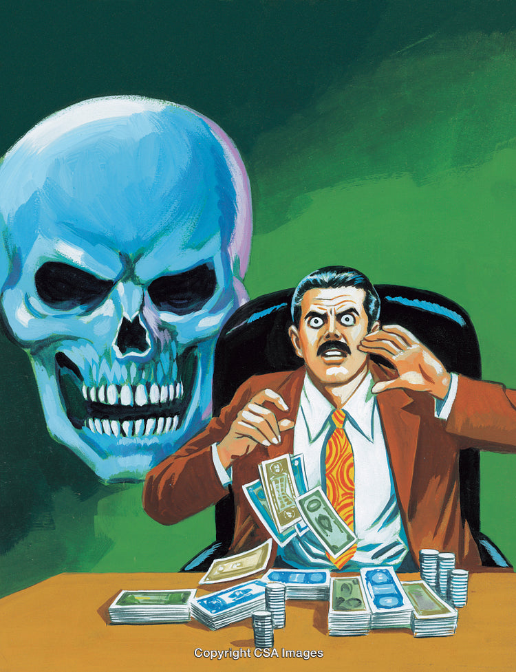 Retro Illustration of Businessman With Money and an Ominous Skull Symbol