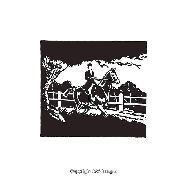 Equestrian Rider in Scenic Countryside Line Art Illustration
