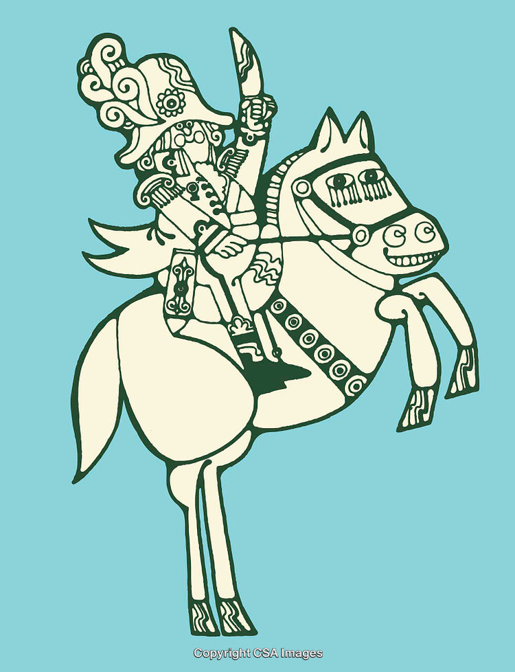 Intricate Color Illustration of Warrior on Horseback in Stylized Art