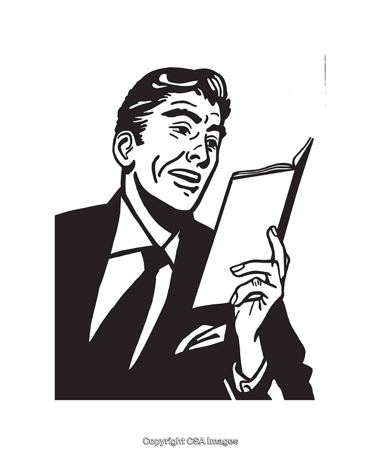 Retro Black and White Illustration of a Man Reading a Book