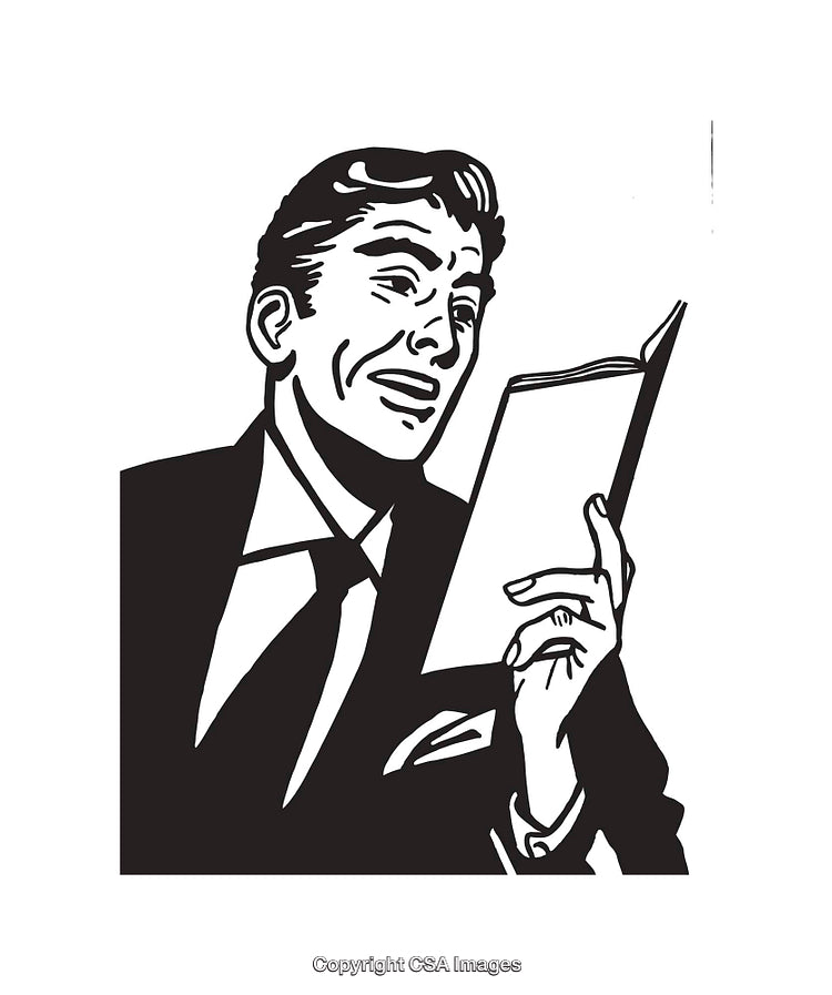 Retro Black and White Illustration of a Man Reading a Book