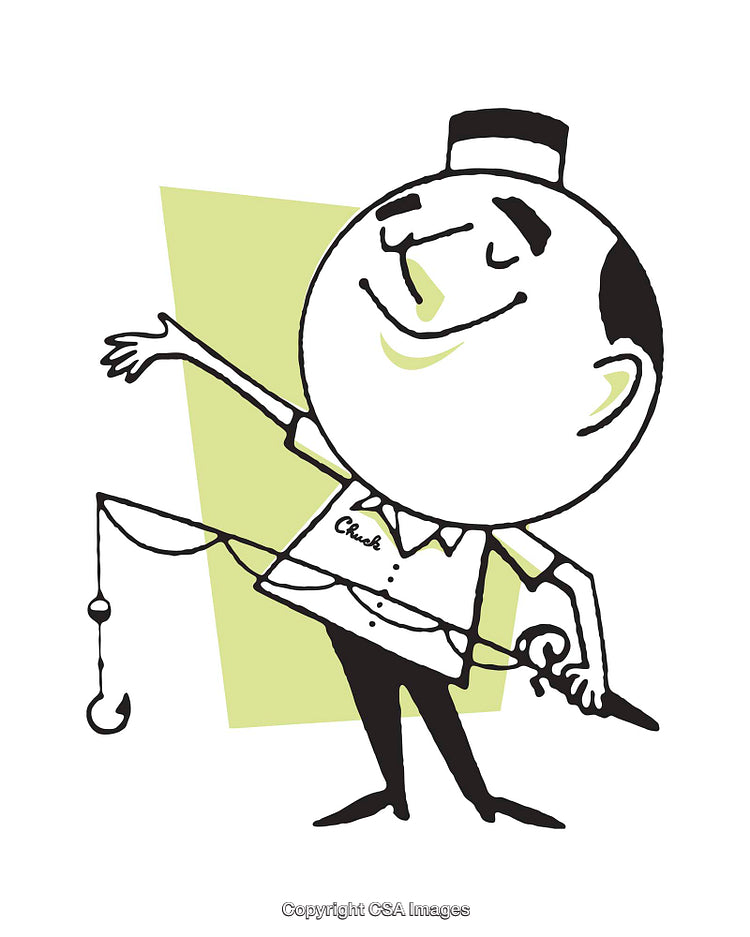 Playful Cartoon Figure Illustration With Fishing Theme in Retro Style