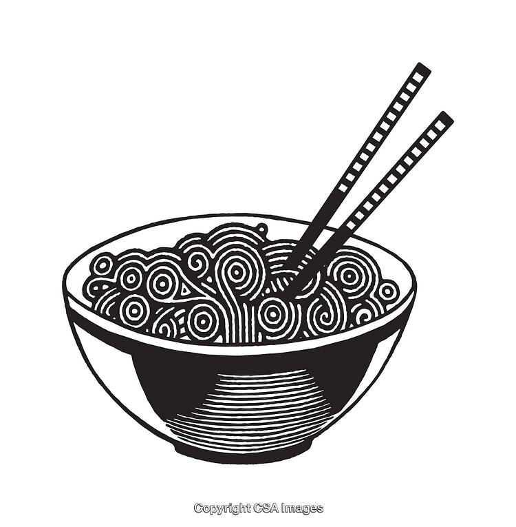 Black and White Line Art Illustration of a Bowl of Noodles