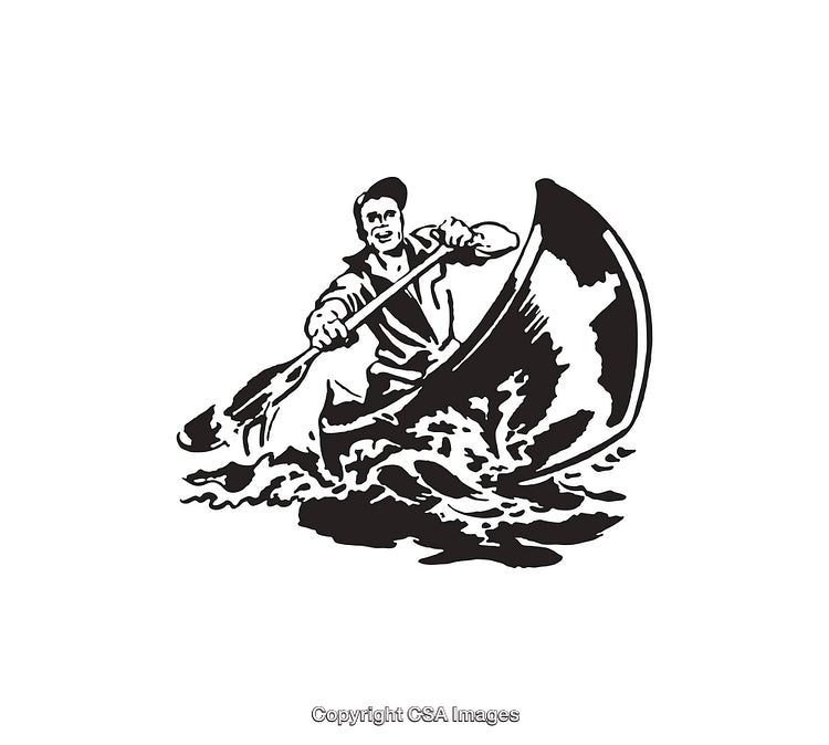 Black and White Illustration of Man Canoeing in Rapids