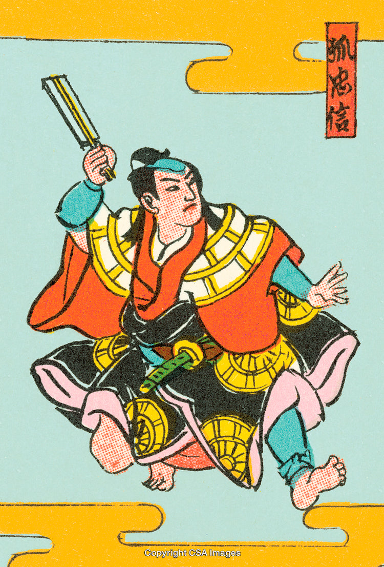 Colorful Illustration of a Traditional Japanese Warrior in Action Pose