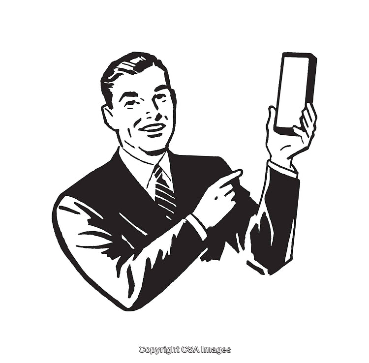 Retro Black and White Illustration of a Man Holding a Blank Device