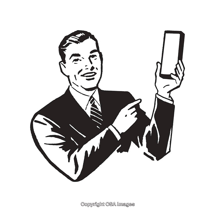 Retro Black and White Illustration of a Man Holding a Blank Device