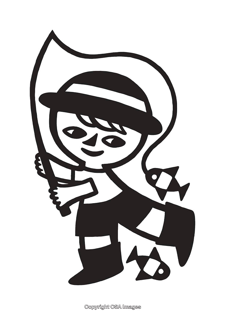 Black and White Illustration of a Happy Young Fisher with Catch