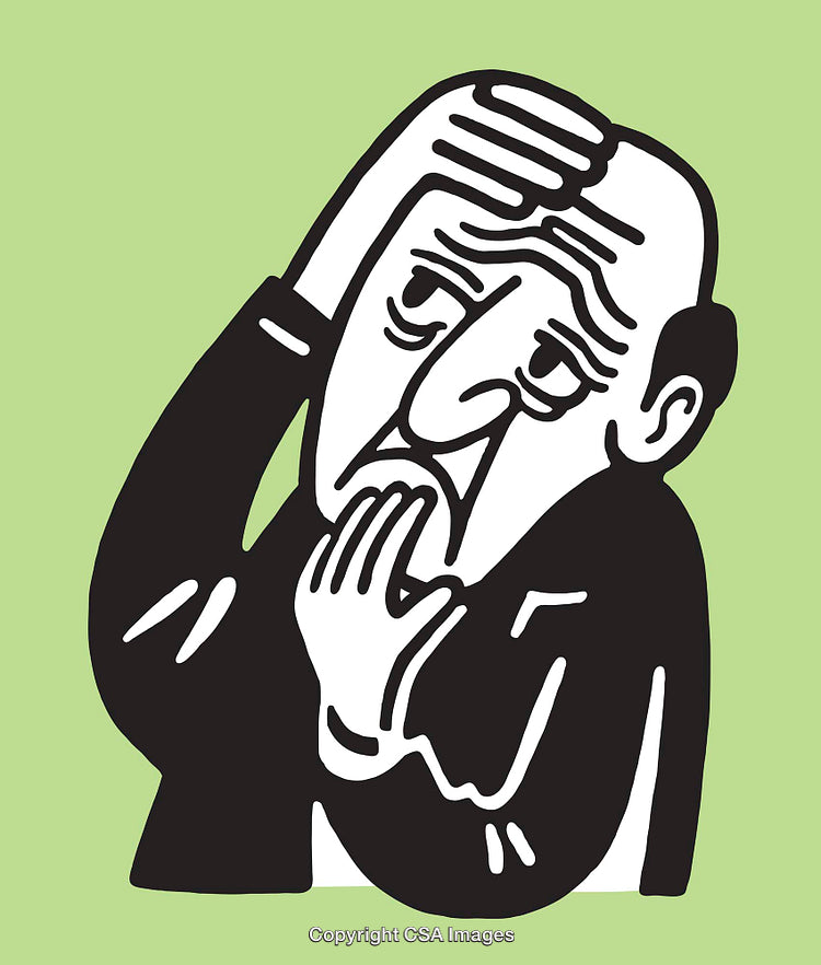 Cartoon Illustration of Concerned Man Holding Head with Expression of Worry