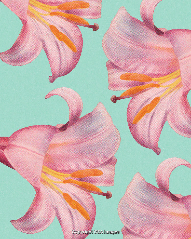 Stylized Pink Lilies Pattern on Mint Green Background